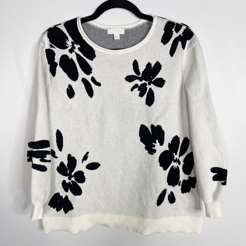 14th & Union SP Small Petite White Black Floral Jacquard Knit Sweater Cotton
